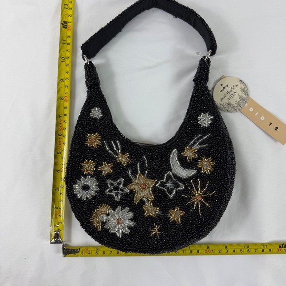 New Black Beaded Crescent Moon Star Celestial Handbag Purse Hand Made in India - Picture 7 of 14